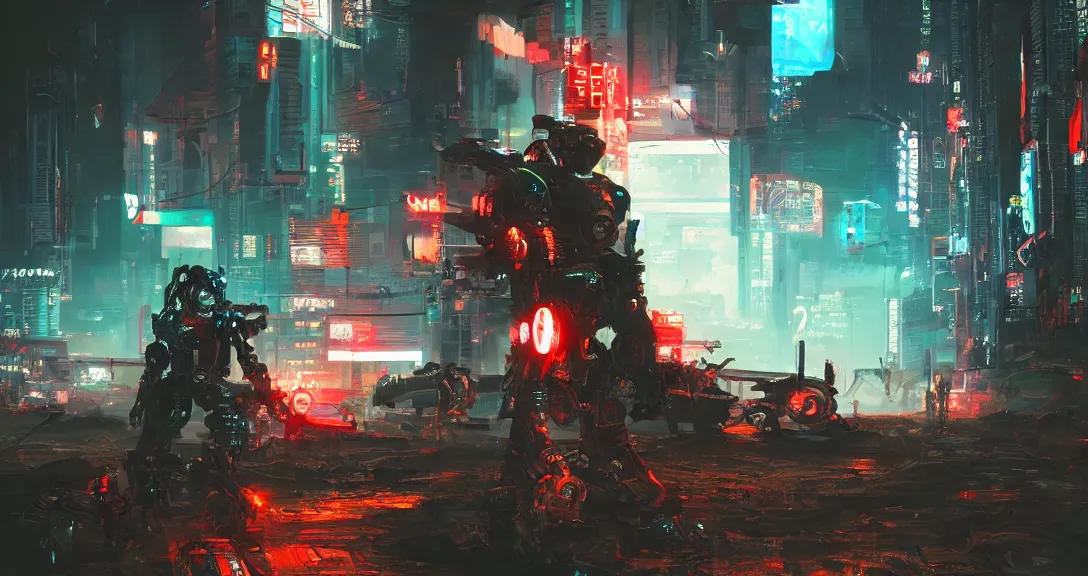 Image similar to cyberpunk robot samurai fighting cyborg cowboy, neon, apocalyptic, intricate, detailed, volumetric lighting, scenery, digital painting, highly detailed, artstation, sharp focus, illustration, concept art