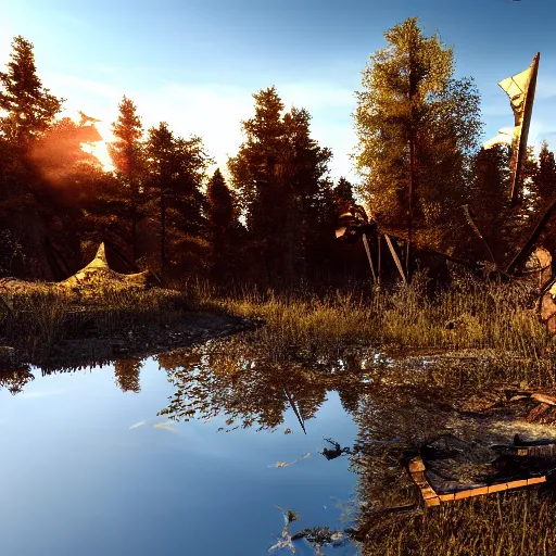 Image similar to war torn battlefield outside of a forest, crashed plane, dragon flies overhead, golden hour, ray tracing reflection, 8k, hyper realistic, insainly detailed, hdr, octan render,