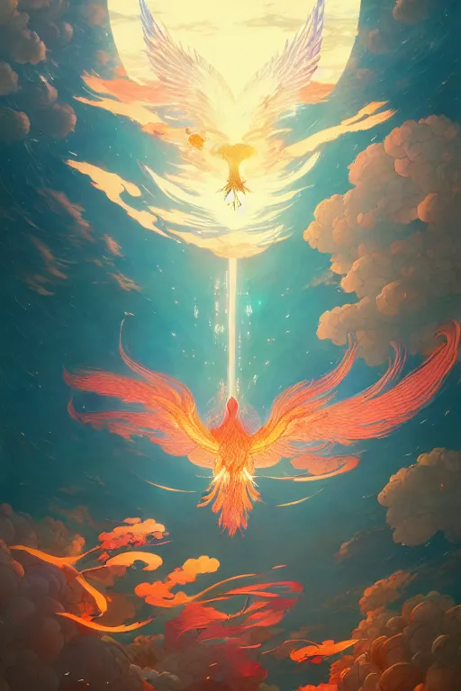 Prompt: victo ngai and lfons mucha painting of a phoenix in the sky, chinese style ， makoto shinkai ， final fantasy, unreal engine 5 highly rendered, global illumination, radiant light, detailed and intricate environment