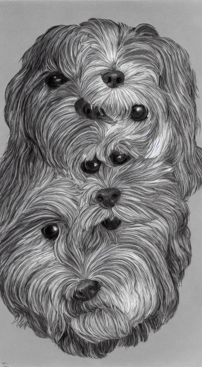 Image similar to self - portrait of a havanese dog reflection in a mirrored chrome sphere, by m c escher pen and paper