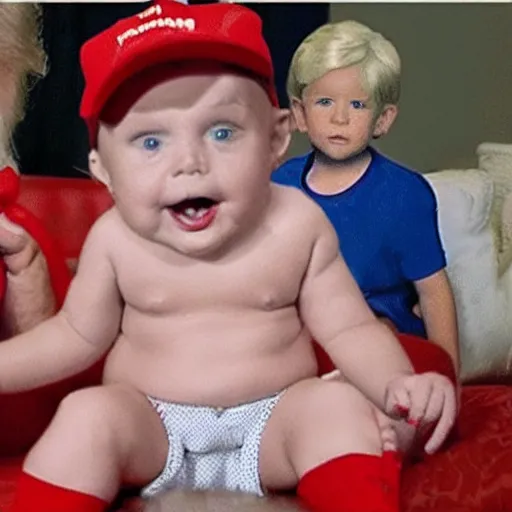 Prompt: donald trump in diapers surrounded by red necks