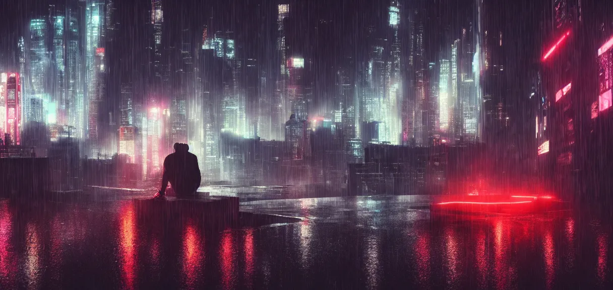 Image similar to shot of the roof with single man sitting on the edge during rain, below impressive cyberpunk night city during great rainy storm with lightning, nightscape, futuristic architecture, realistic photo, neons, blade runner, akira style, cinematic lighting, cinematic angles