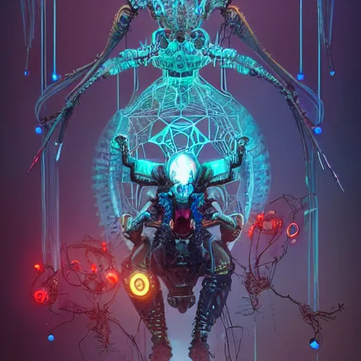 Image similar to biomechanical spider king, cyberpunk, bionics, augments, lights, cables, elegant gleaming intricate baroque jewellery, colorful, vivid, imposing, epic, digital painting, artstation, concept art, by peter mohrbacher and wlop and rhads,