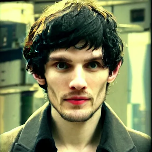 Image similar to Colin Morgan as Cyberpunk Merlin