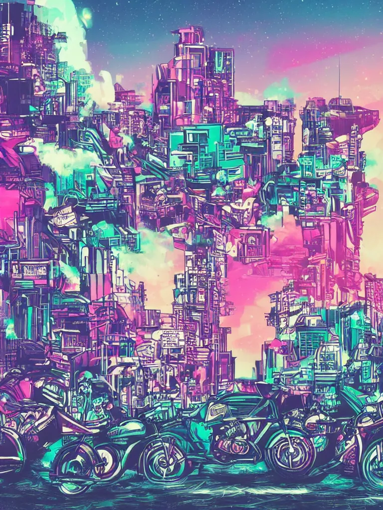 Prompt: brutalist style cityscape with retro style cafe racer motorcycles, under vapor wave galaxy