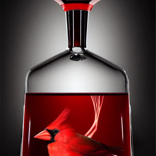 Image similar to a photorealistic photograph of a red Cardinal bird swimming inside of an Armagnac decanter at an upscale polo lounge Trending on Artstation, featured on Behance, well-rendered, Unreal Engine, 4K HD