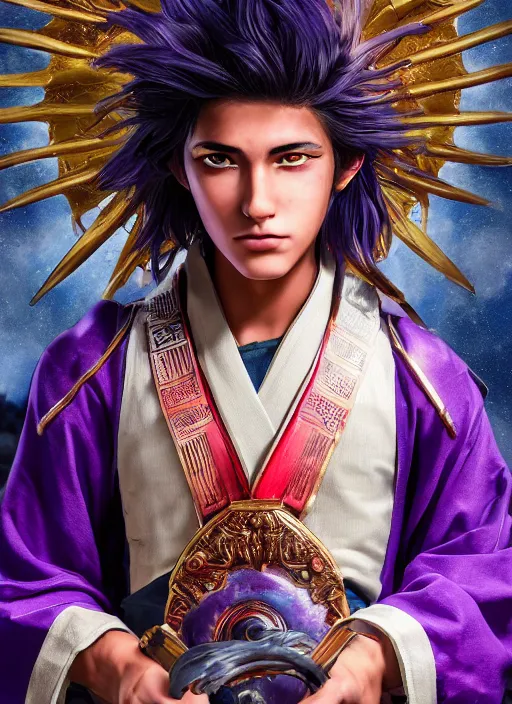 Image similar to An epic fantasy comic book style portrait painting of teenager boy with straight indigo hair, purple eyes with red eye markers, slim body, wearing a detailed Japanese kimono with golden armpieces, holding a pair of fans. Unreal 5, DAZ, hyperrealistic, octane render, cosplay, RPG portrait, dynamic lighting