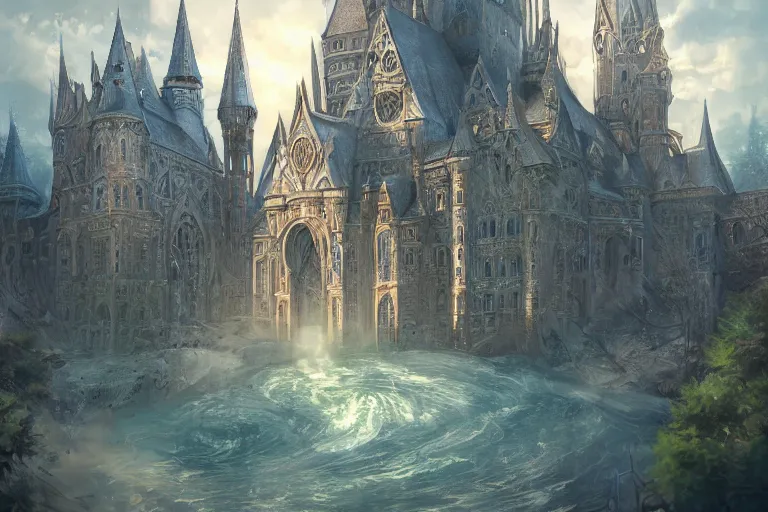 Prompt: A magical college viewed from the outide, texture, intricate, details, highly detailed, masterpiece, architecture, building, trending on artstation, focus, sharp focus, concept art, digital painting, fantasy, sunny, day, midday, in the style of Wizards of the Coast