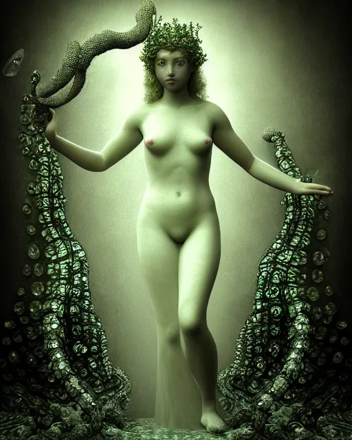 Prompt: surreal mythical dreamy underwater artistic bw 3 d render of a translucent beautiful young female angelic - medusa - vegetal - cyborg covered with fish scales and algae, highly detailed, intricate crystal ivy jelly fish scales ornate, poetic, octane render, 8 k, photo - realistic, by diane arbus in the style of gustave dore and pre - raphaelites