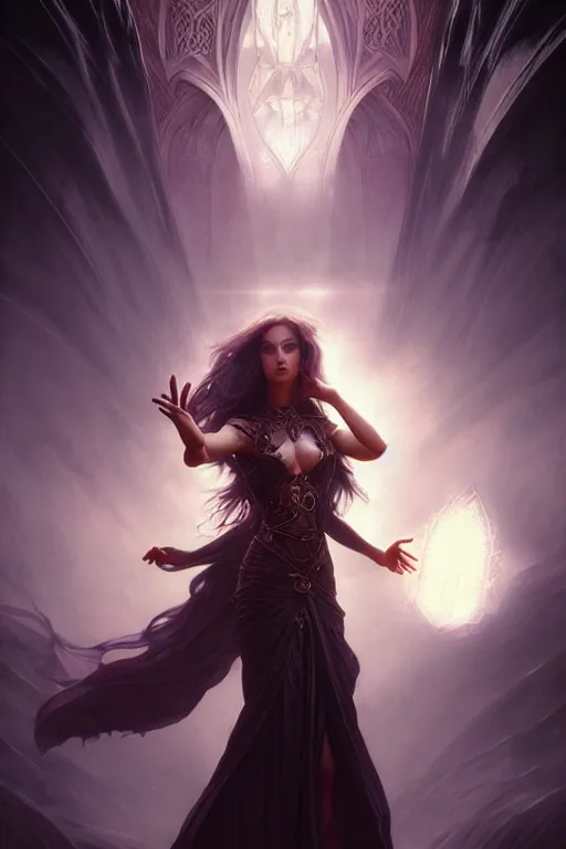 Image similar to seductive looking sorceress prays!!! magic the gathering, windy hair!, surreal dark fantasy, cinematic volumetric lights, portrait, dnd, intricate, elegant, highly detailed, digital painting, artstation, concept art, smooth, sharp focus, illustration, art by artgerm and tom bagshaw and greg rutkowski and alphonse mucha