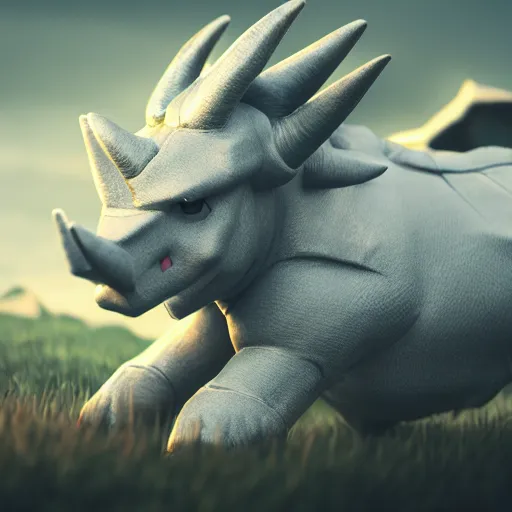 Image similar to photography of a realistic rhyhorn animal, ultra detailed, 8 k, cinematic lighting, natural background, trending on artstation, pokemon
