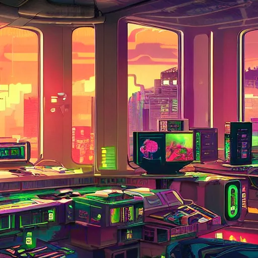 Image similar to Lofi vaporwave sci-fi cyberpunk epic video game room with large window looking out at overpopulated future city, Pixar style, Tristan Eaton, Stanley Artgerm, Tom Bagshaw