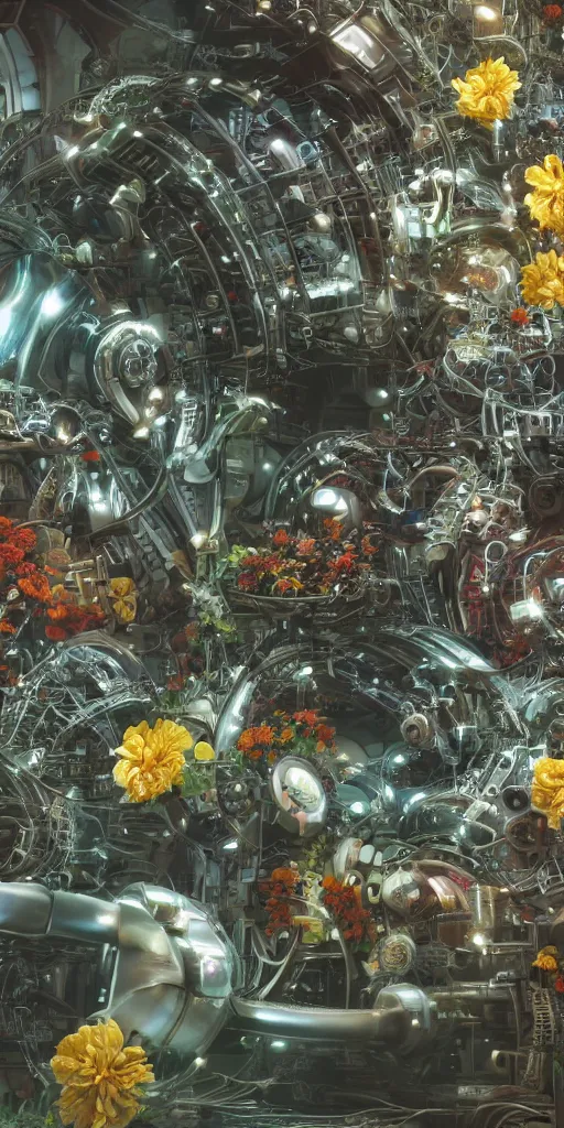 Prompt: a lovely mechanical cornucopia of flowers, sci-fi futuristic, utopian, machine parts, wires, circuits, highly detailed, octane render, cinematic