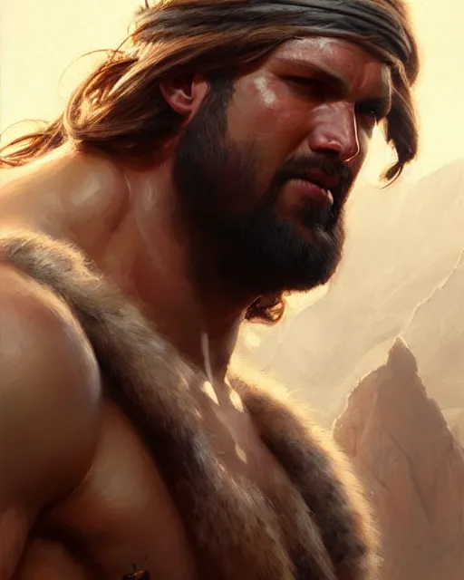 Prompt: a male barbarian | | realistic shaded, fine details, realistic shaded lighting poster by greg rutkowski, magali villeneuve, artgerm, jeremy lipkin and michael garmash and rob rey