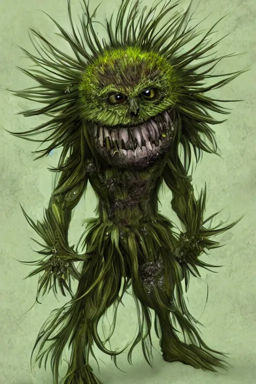 Prompt: a humanoid figure dandelion moss plant monster thistle armour, large eyes and menacing smile, highly detailed, digital art, sharp focus, trending on art station, anime art style