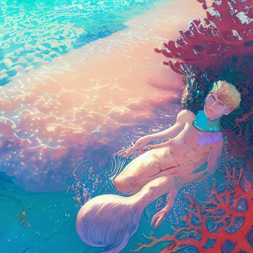 Prompt: harmony ( golden glimmering merman brown haired cute yoongi ), under water swimming, colorful coral, muted colors, wlop, james jean, victo ngai, highly detailed, fantasy art by craig mullins, thomas kinkade