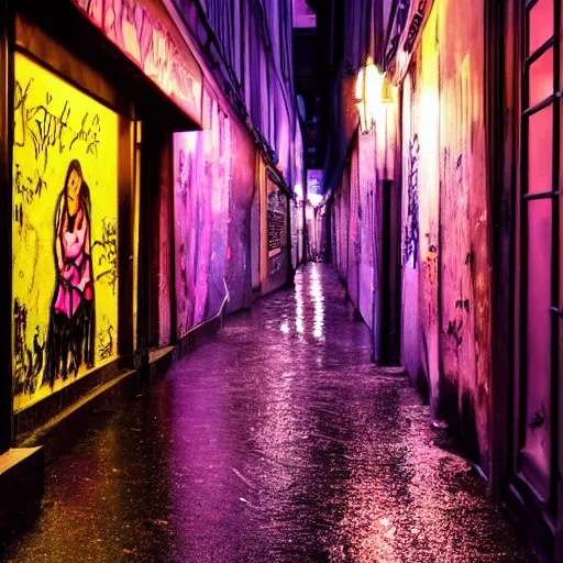 Image similar to photo realistic lively alley in paris at night after rain storm with warm glowing lamps and graffiti on walls with a woman in a pink bikini walking her large purple dog noir goddess, character design, dark fantasy, photo realistic, unreal engine, terrifying ambience, smooth lighting, cinematic lighting, masterpiece, ultra detailed, hyper realistic, octane render, 8 k, photo - realistic
