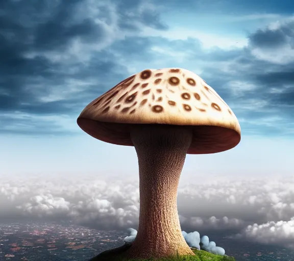 Image similar to a giant mushroom that has a city built from it and stretches above the clouds. highly detailed 8 k. intricate. lifelike. soft light. nikon d 8 5 0. cinematic post - processing