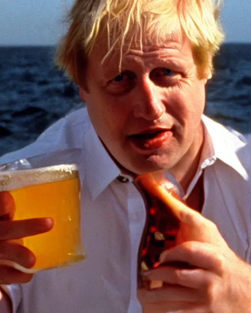 Image similar to film still close - up shot of boris johnson drinking a beer on the beach from the movie monty python's the meaning of life. photographic, photography