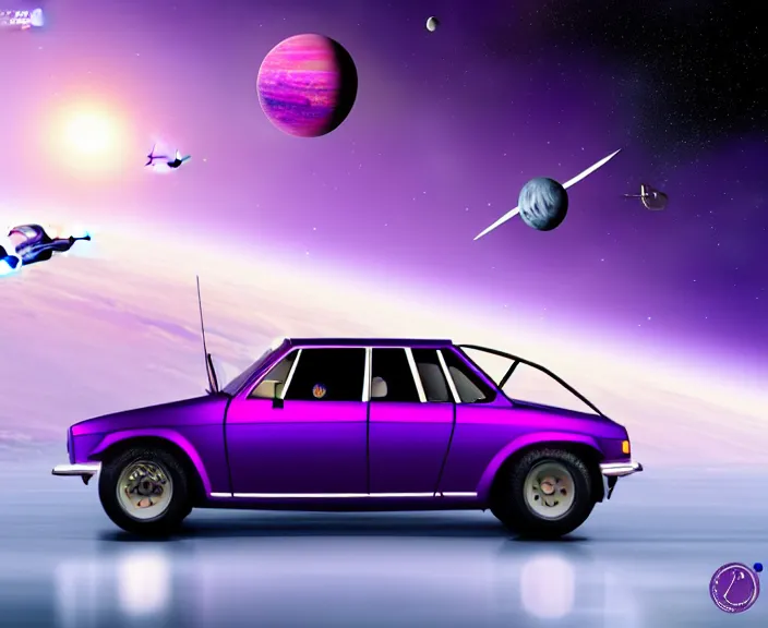 Prompt: purple lada 2 1 0 9 in space in orbit of the planet earth, lada 2 1 0 9 looks like a spaceship, hyper detailed, hight detailed, futuristic, ultra realistic, no blur, 8 k