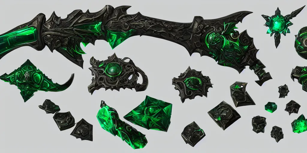 Prompt: fantasy world of warcraft weapons and treasure, green emerald, crystal, magic, hard surface, collection, kitbash, parts, artstation, 8k, Shape and form