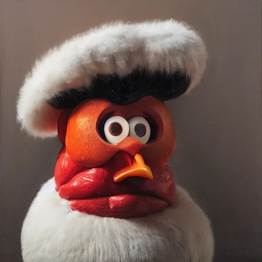 Image similar to scary portrait of an asian man dressed as a chicken, the chicken man, highly detailed painting by disney pixar 8 k