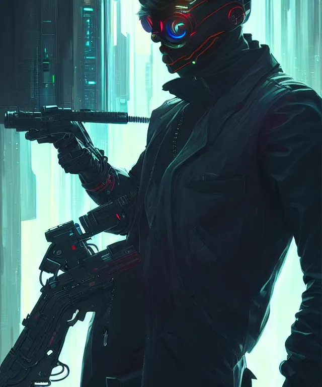 Prompt: Hacker cyberpunk man portrait, highly detailed, digital painting, artstation, concept art, smooth, sharp focus, illustration, art by artgerm and greg rutkowski and alphonse mucha