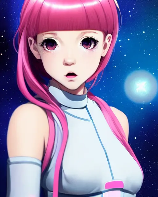 Image similar to portrait Anime space cadet girl Anna Lee Fisher anime cute-fine-face, pretty face, realistic shaded Perfect face, fine details. Anime. realistic shaded lighting by Ilya Kuvshinov Giuseppe Dangelico Pino and Michael Garmash and Rob Rey, IAMAG premiere, aaaa achievement collection, elegant freckles, pink hair, neon hologram, fabulous, daily deviation, annual award winner