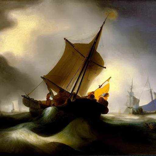 Prompt: rembrandt stormy sea boat painting