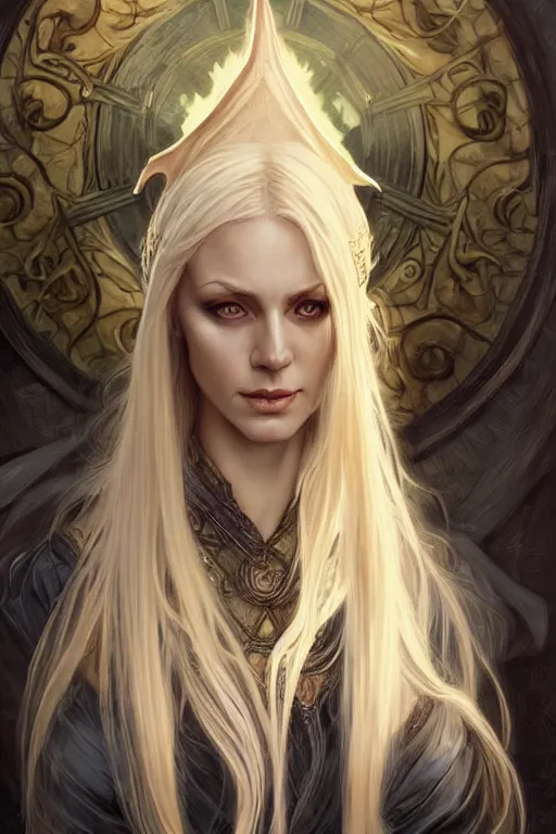 Image similar to portrait of an old blonde elven mage, dark, piercing eyes, gentle expression, elegant clothing, photorealistic, highly detailed, artstation, smooth, sharp focus, art by michael whelan, artgerm, greg rutkowski and alphonse mucha