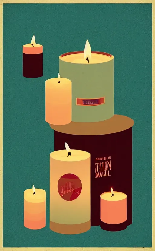 Image similar to illustration with a set of beautiful scented candles, an art deco painting by tom whalen, trending on behance, art deco, retro illustration, digital illustration, storybook illustration, grainy texture, flat shading, vector art, airbrush, pastel, watercolor, poster