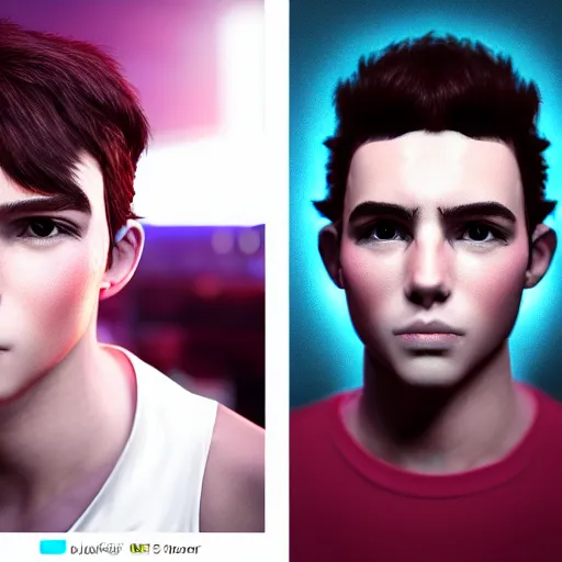 Prompt: social network avatar of young male with dark hair, neon lighting, hyperrealistic, trending on Artstation