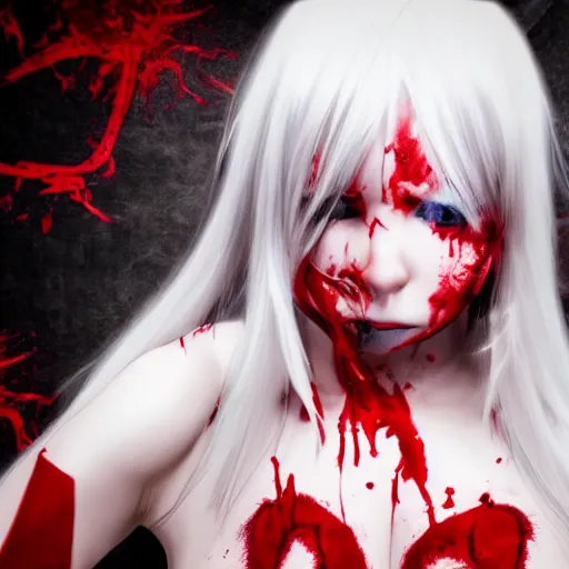 Image similar to anime girl with blood running down her face, heavy metal album cover, 3 d rendered, red eyes, white haired, horn on head, cute