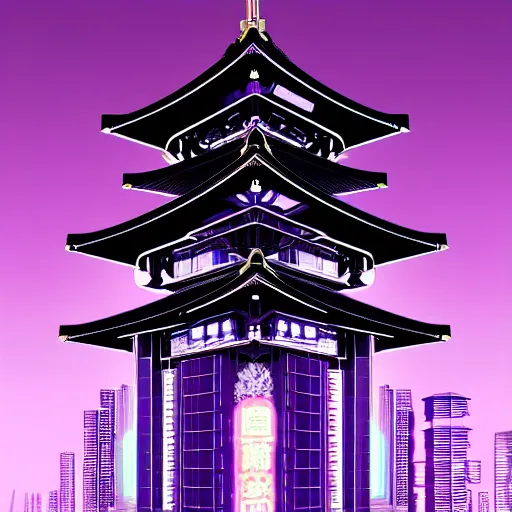 Image similar to Futuristic Pagoda Shrine in Tokyo megapolis in style of Tsutomu Nihei in purple and black tones. ArtStation, Cyberpunk, vertical symmetry, 8K, Highly Detailed, Intricate, Album Art.