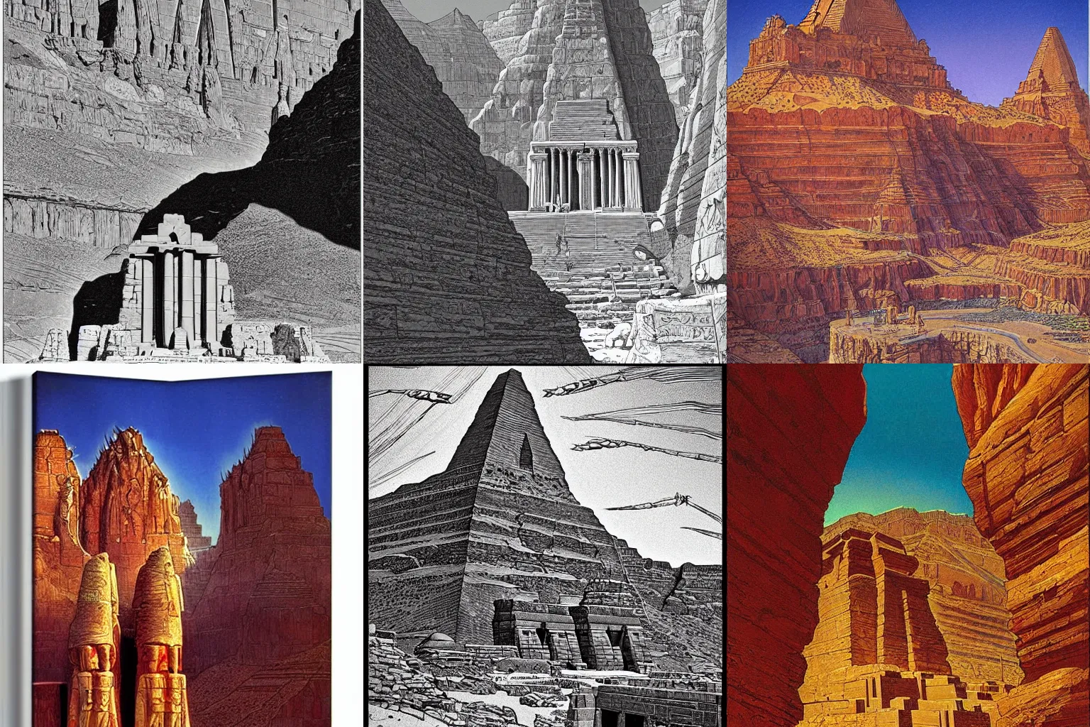 Prompt: ancient egypt alien invation, grand canyon temple by moebius and rembrandt