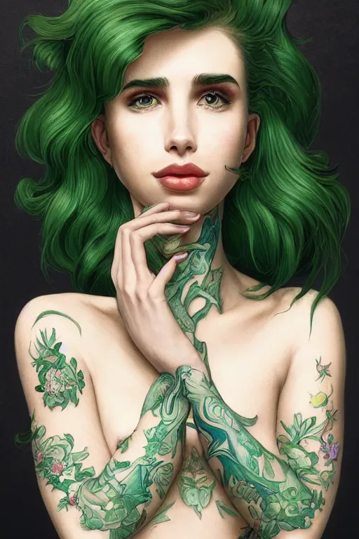 Prompt: upper body portrait shot of green hair tattooed pinup emma roberts, masterpiece, intricate, elegant, highly detailed, digital painting, artstation, concept art, smooth, sharp focus, illustration, art by artgerm and greg rutkowski and alphonse mucha and uang guangjian and gil elvgren and sachin teng, symmetry!!