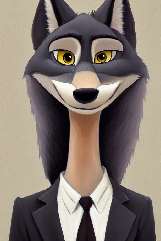 Image similar to oil painting of anthromorphic female wolf, in style of zootopia, female fursona, furry, furaffinity, 4 k, deviantart, furry art, fursona art, wearing black business suit, business suit, wolf fursona, female, very expressive detailed feminine face,