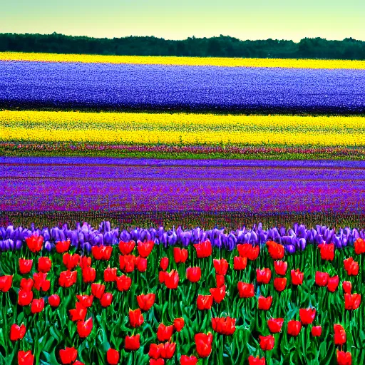 Image similar to A 4k photo of a field of tulips, blue skies, high contrast, early morning
