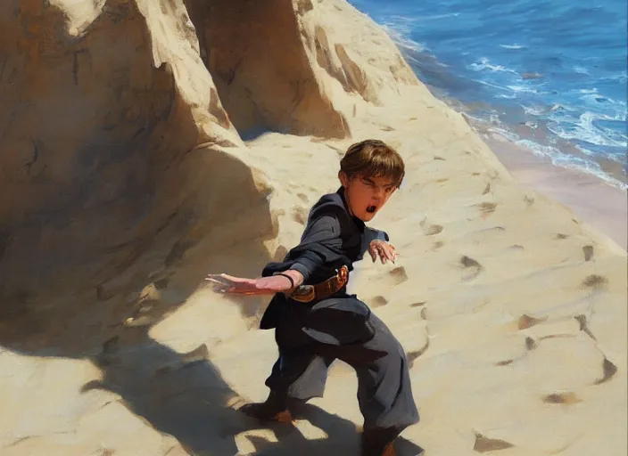 Prompt: a highly detailed beautiful portrait of 2 0 years old anakin skywalker hissing at sand, by gregory manchess, james gurney, james jean