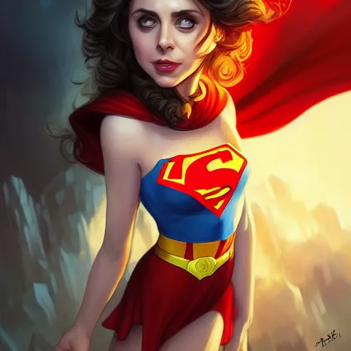 Image similar to Alison brie, dressed as Superman ultra wide lens shot , tiny, small, short, cute and adorable, pretty, beautiful, DnD character art portrait, matte fantasy painting, DeviantArt Artstation, by Jason Felix by Steve Argyle by Tyler Jacobson by Peter Mohrbacher, cinematic lighting