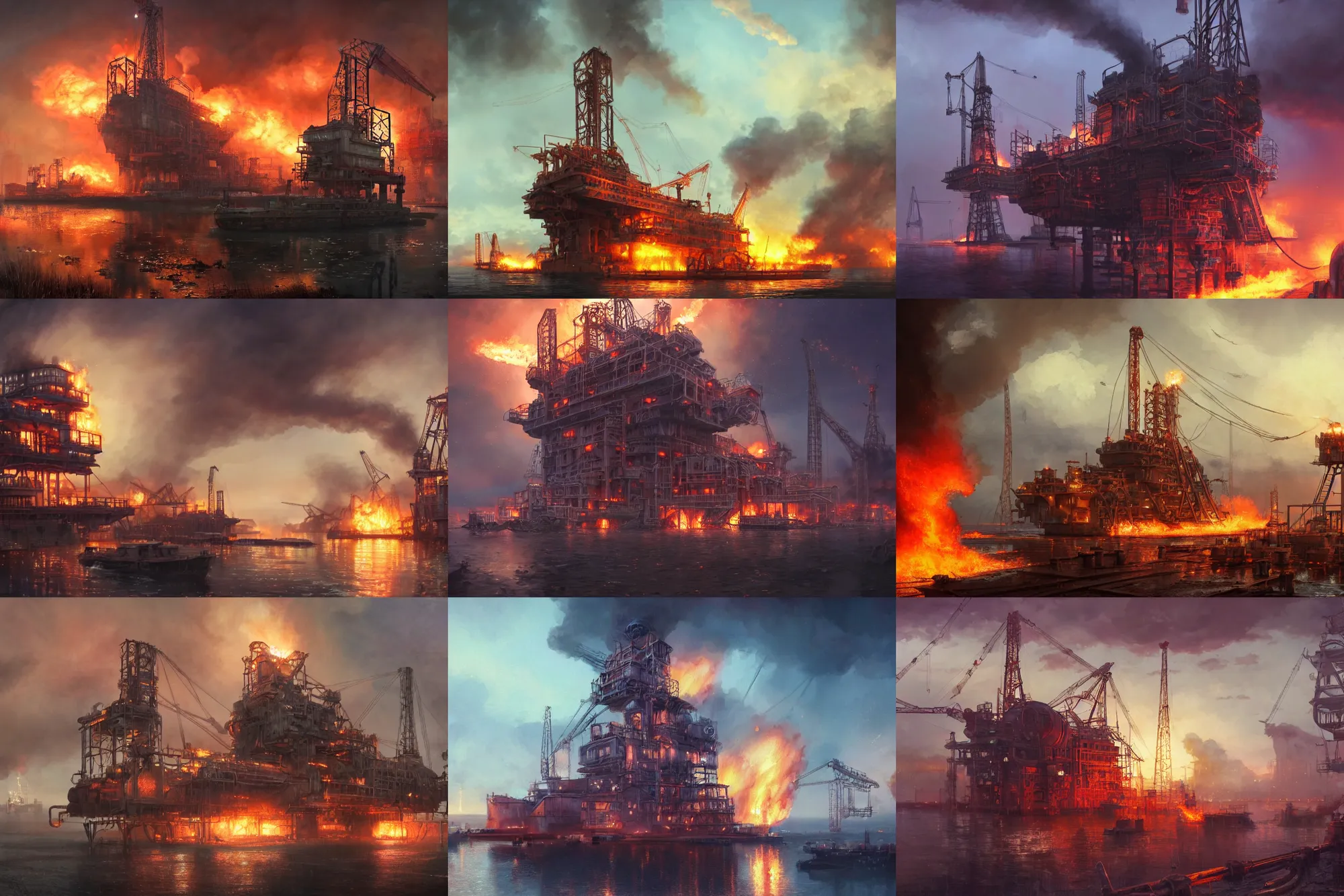 Image similar to a highly detailed matte painting of a soviet steampunk oil rig on fire at night by studio ghibli, makoto shinkai, by artgerm, by wlop, by greg rutkowski, volumetric lighting, octane render, 4 k resolution, trending on artstation, masterpiece