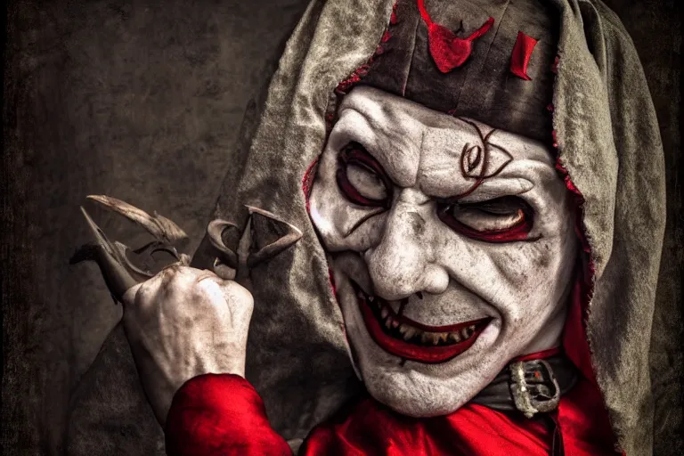 Image similar to medieval jester, sinister, photograph, portrait,