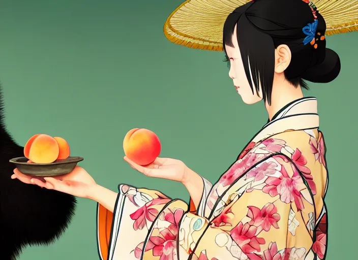 Prompt: painting of a girl wearing a kimono giving a peach to a large anthropomorphic asian black bear, colored ink painting, featured in artstation, artgerm, octane render, award winning, cinematic, elegant, intricate, 8 k, close up, in the style of studio ghibli and heikala and alphonse mucha,