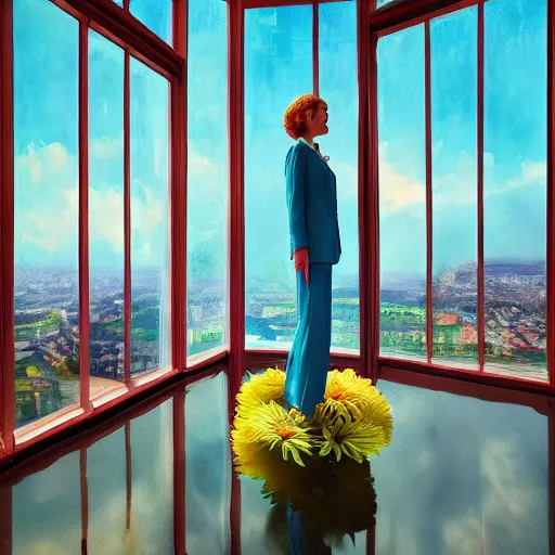Prompt: huge daisy flower head, woman with suit, standing next to modern window in luxury apartment, surreal photography, sunlight, impressionist painting, digital painting, artstation, simon stalenhag