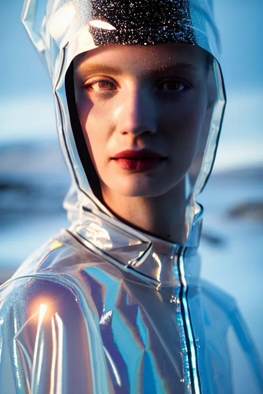 Image similar to an ultra high definition professional high fashion portrait studio full length photograph of a model wearing a transparent pearlescent raincoat and neon visor in an icelandic black rock environment at dawn. no artefacts. extremely detailed. stark. refraction. shallow depth of field. volumetric light and shadow. ray tracing. light rays.