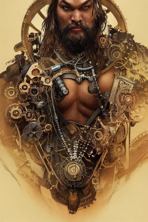 Prompt: jason momoa as a steampunk cyborg, portrait, western, steampunk, duster, fantasy, intricate, elegant, highly detailed, digital painting, artstation, concept art, sharp focus, illustration, art by artgerm and greg rutkowski and alphonse mucha