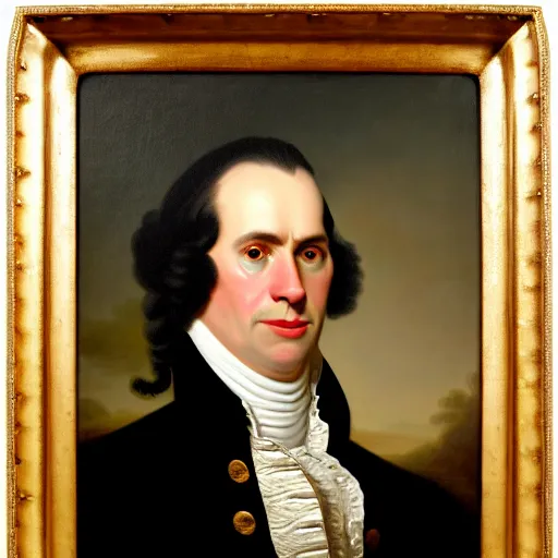 Prompt: head and shoulders portrait painting of a white crocodile wearing a colonial outfit looking off camera, a character portrait, american romanticism, oil on canvas, diffused lighting