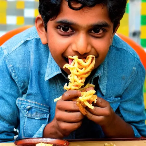 Prompt: Rameshbabu Praggnanandhaa eating curly fries at the chessboard