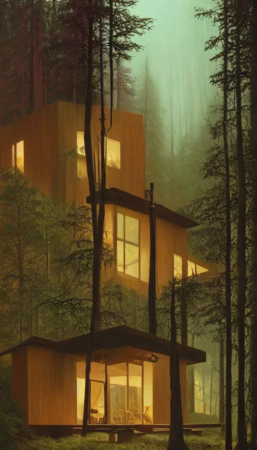 Image similar to cozy ultra modern home in the woods moody lighting, highly detailed, painting by zdzisław beksinski and norman rockwell and greg rutkowskiweta studio, and lucasfilm