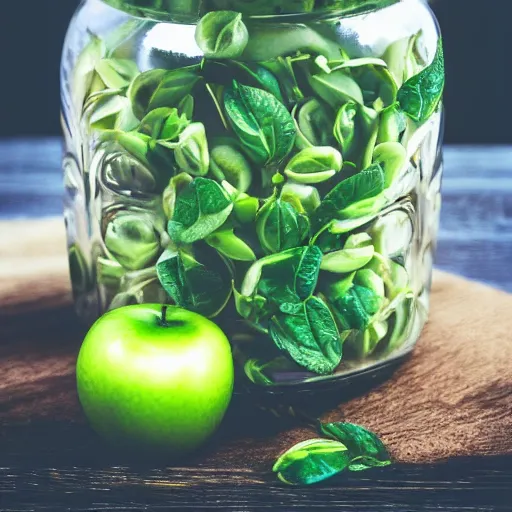 Prompt: sprouts growing from an apple in a glass jar